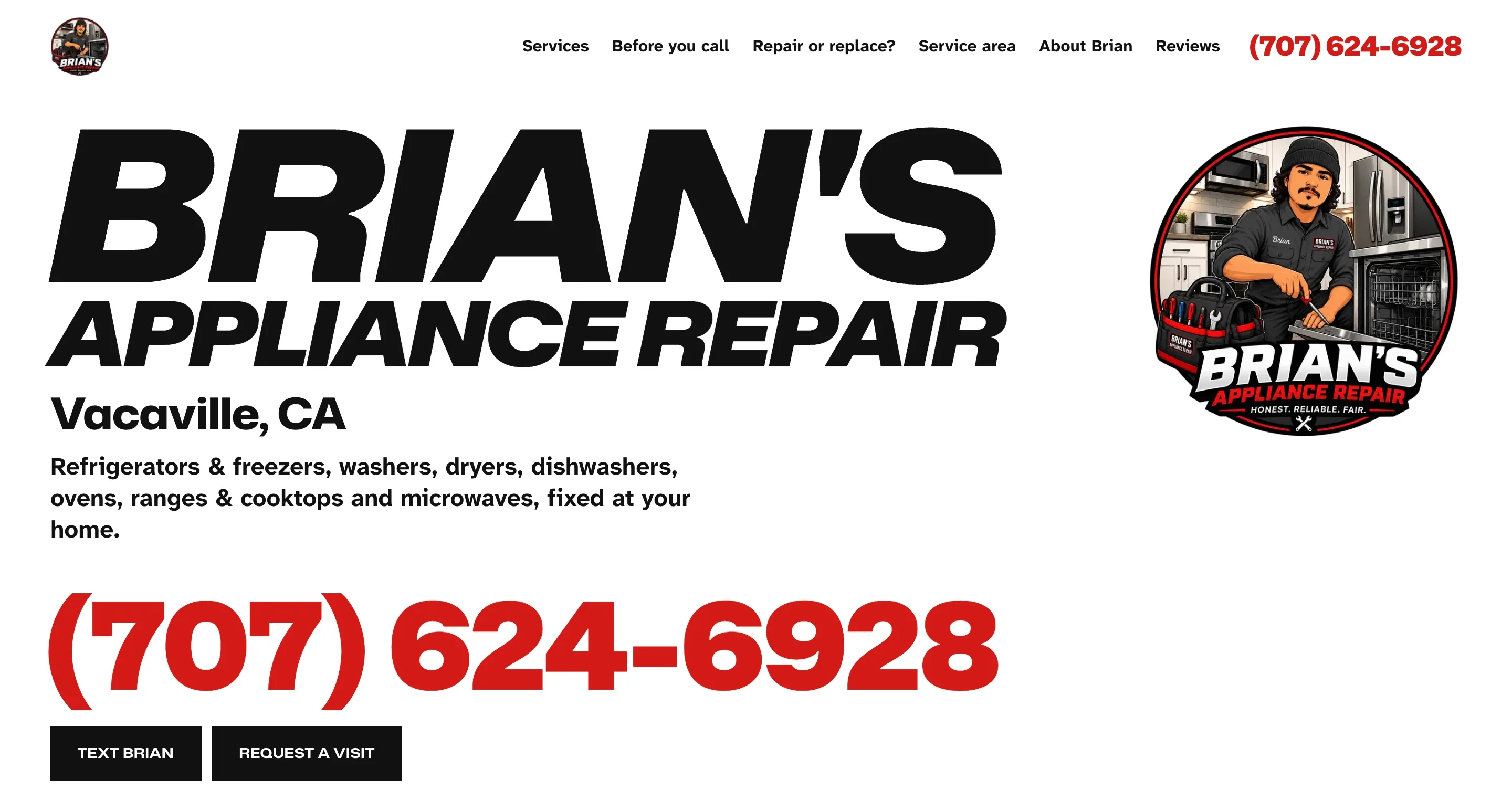 First screen of brianappliancerepair.com: Brian’s name, the appliances he fixes, Vacaville and his phone number in red