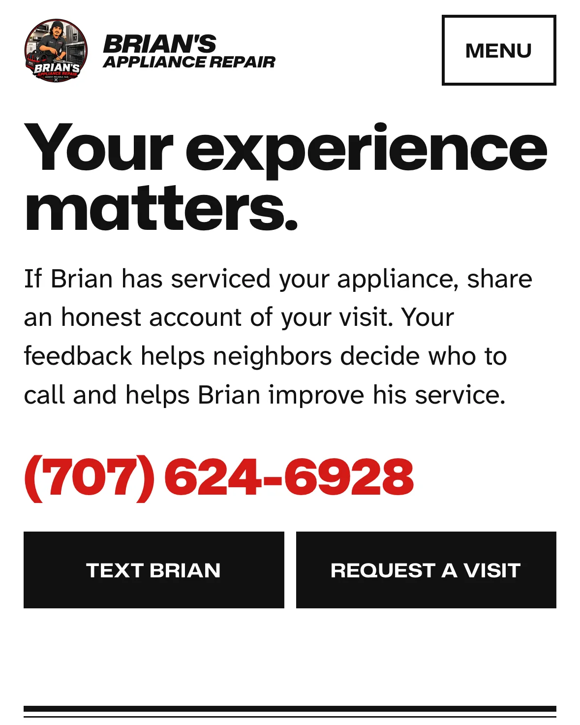 First screen of the reviews page on brianappliancerepair.com on a phone: “Your experience matters.”