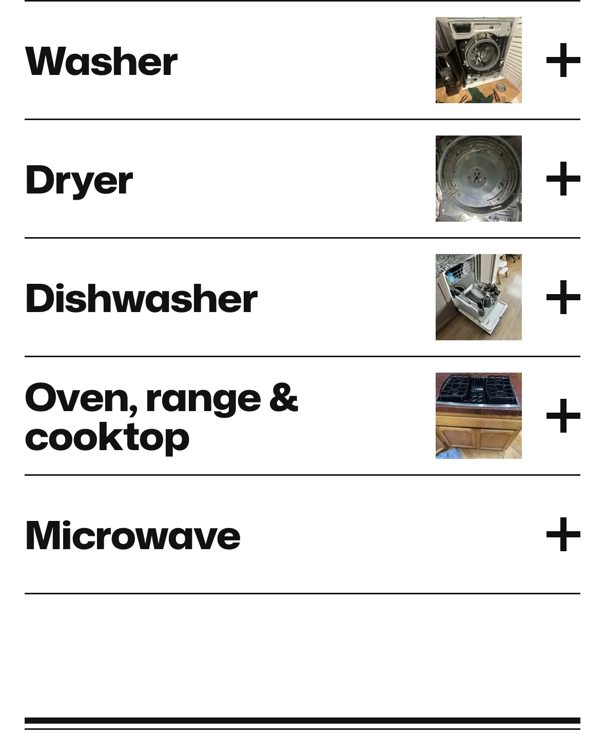 Appliance rows on brianappliancerepair.com on a phone: washer, dryer, dishwasher, oven and microwave, with photos from Brian’s jobs