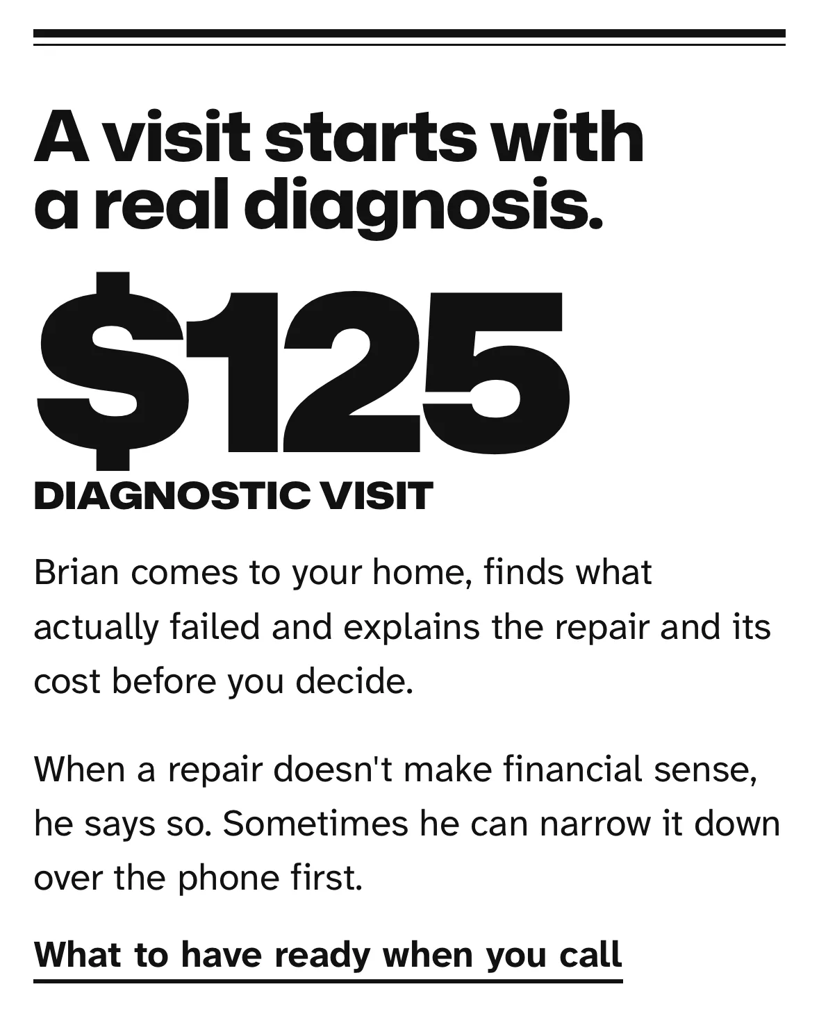 The diagnostic visit section of brianappliancerepair.com on a phone: what a visit costs and what Brian does on it