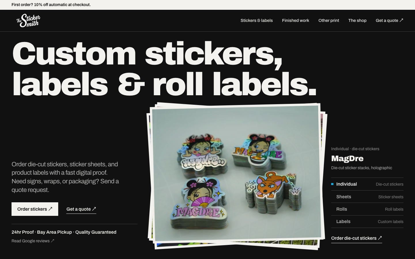 tssprint.com first screen: “Custom stickers, labels & roll labels.” beside a stack of printed stickers