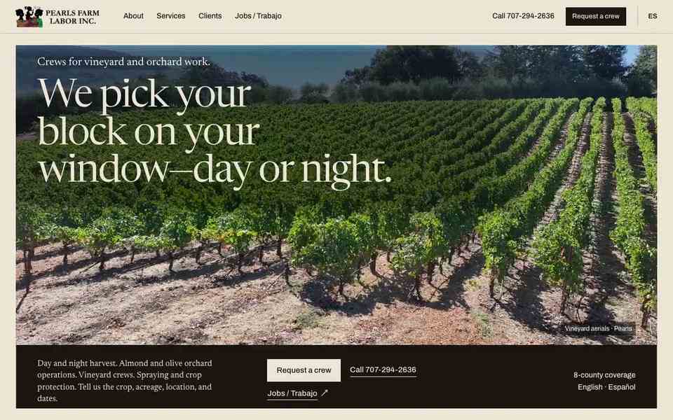 pearlsfarminc.com first screen: the crew request headline over vineyard rows