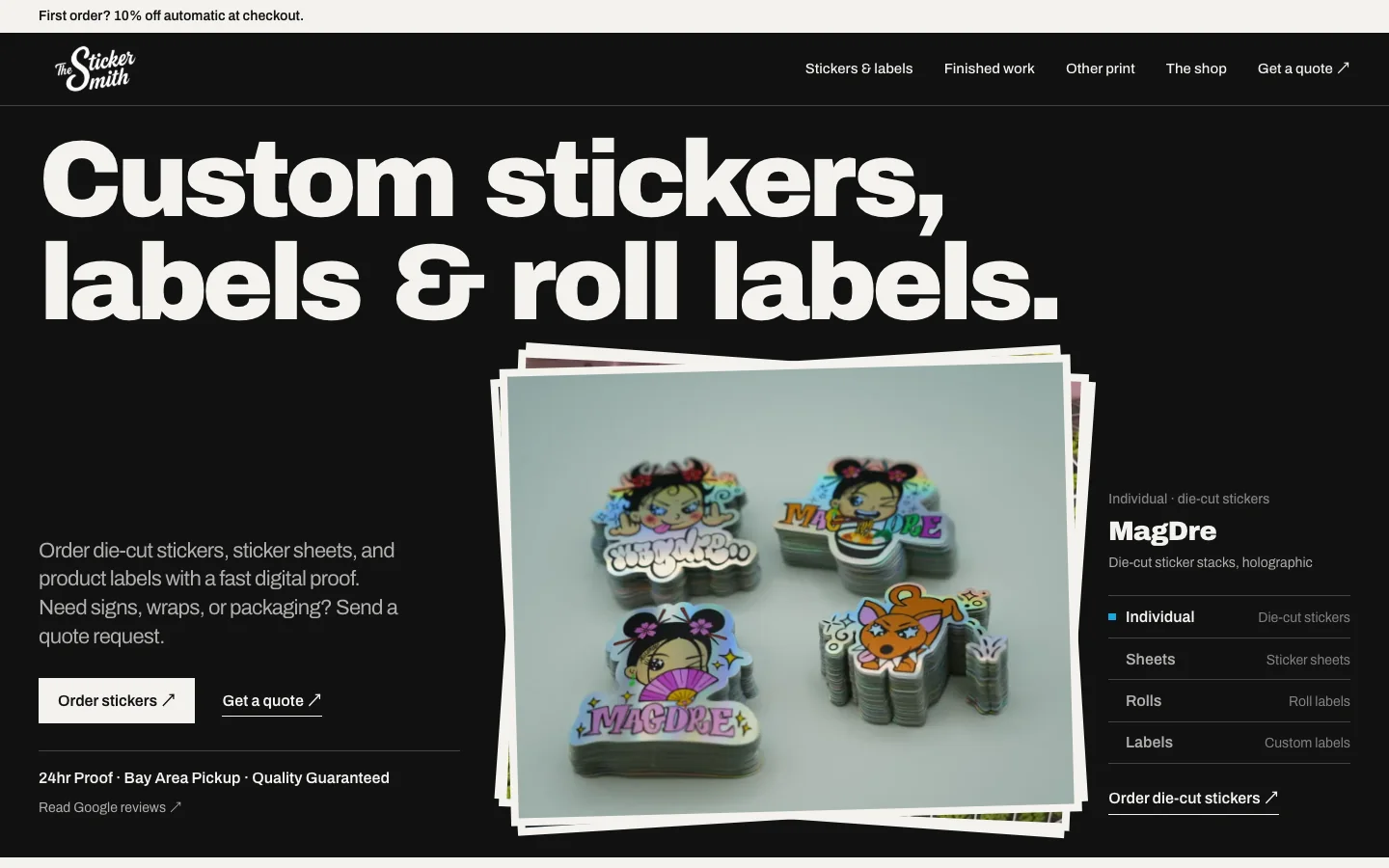 First screen of tssprint.com: custom stickers, labels and roll labels, opening on a real holographic sticker job
