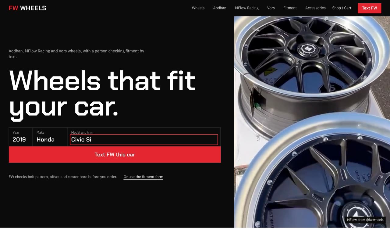 fwwheelz.com first screen: “Wheels that fit your car.” with a year, make and model picker