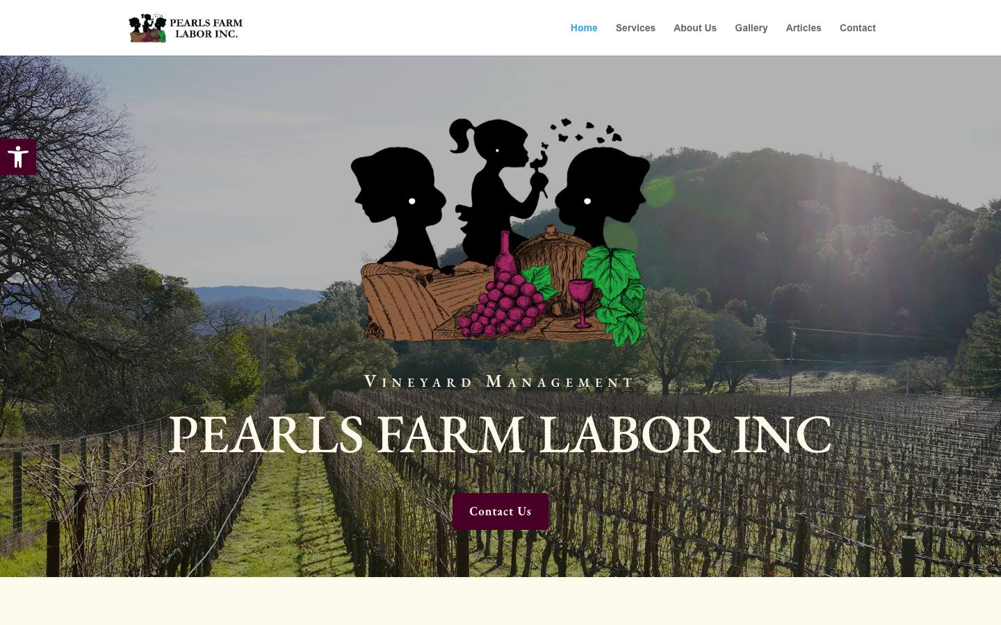 First screen of pearlsfarminc.com in February 2025: a logo over a vineyard and one Contact Us button