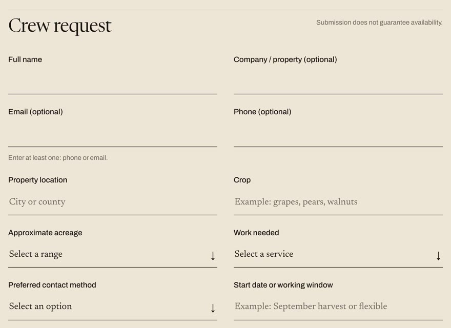 The crew request form on pearlsfarminc.com, with fields for property location, crop, acreage, work needed and start date