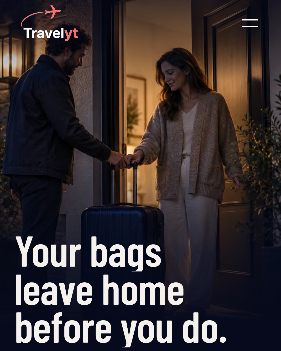 Travelyt’s website on a phone: “Your bags leave home before you do.” over an illustrated doorstep scene