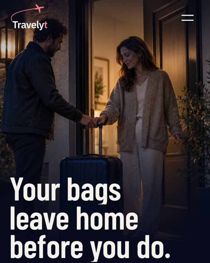 Travelyt’s website on a phone: “Your bags leave home before you do.”