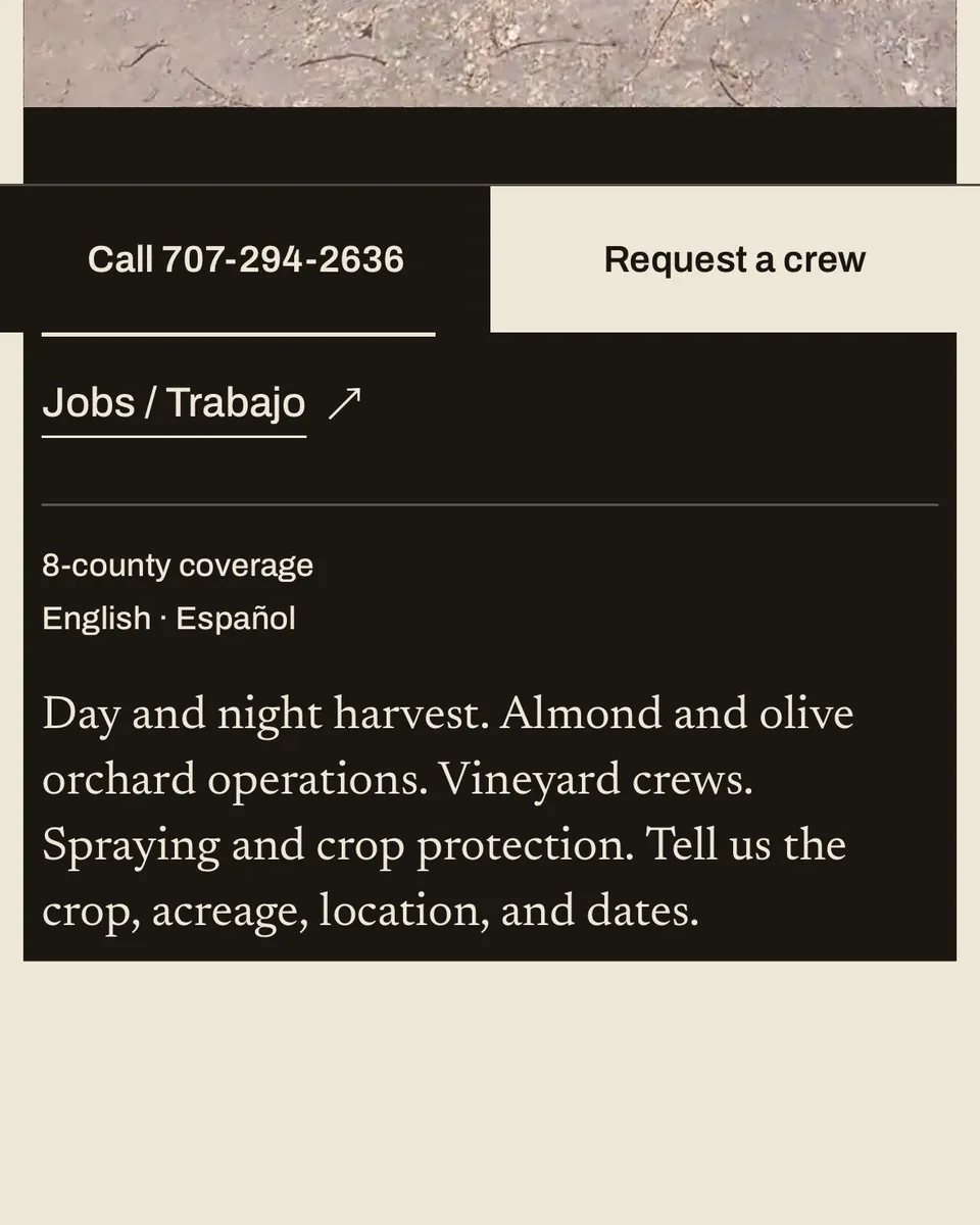 Phone view of pearlsfarminc.com: Call and Request a crew buttons, Jobs / Trabajo, English and Español, and the line asking for the crop, acreage, location and dates