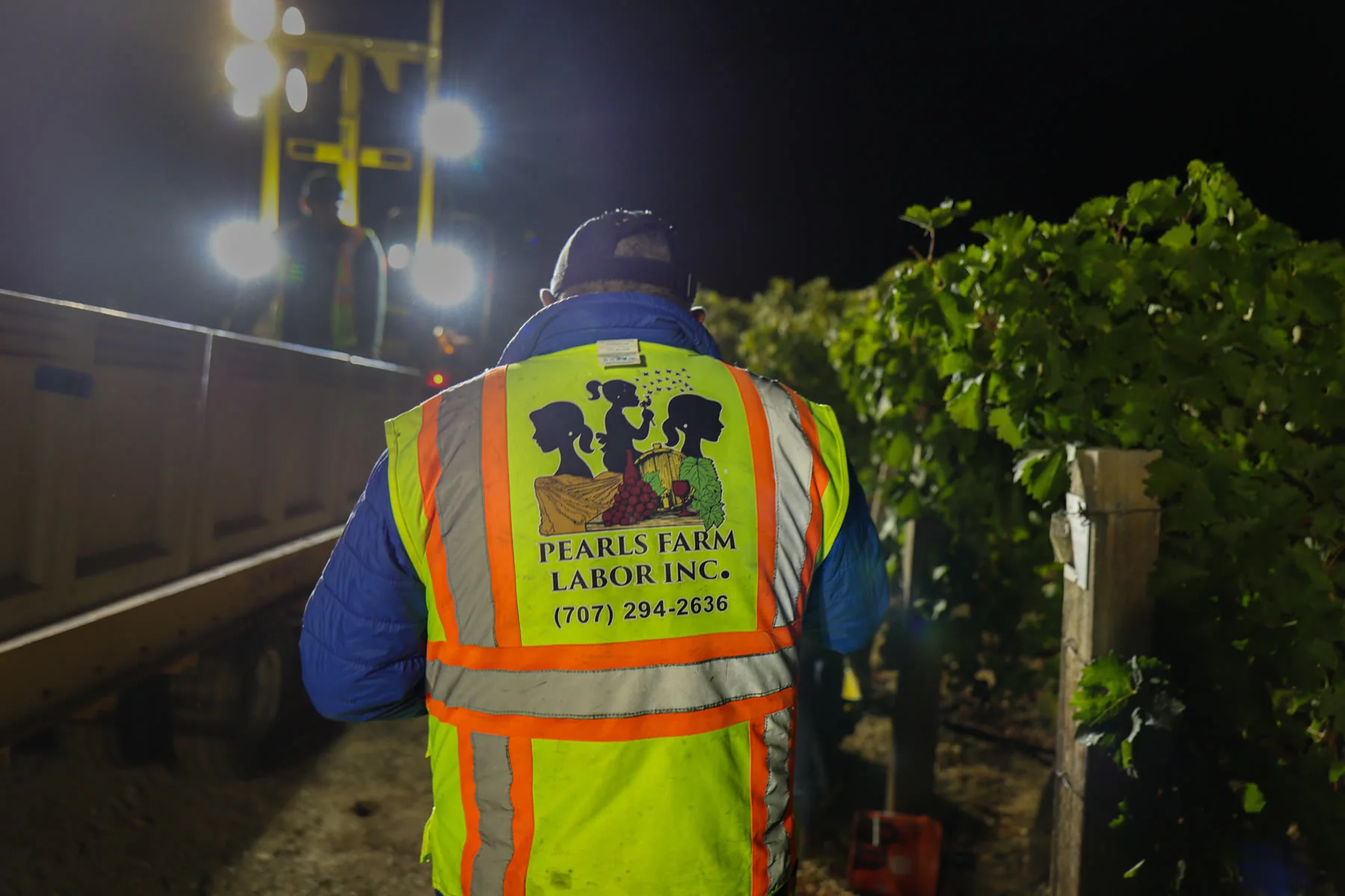 Back of a Pearls Farm Labor safety vest under work lights, shot on the R8