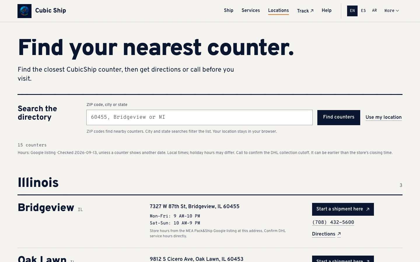 The cubicship.com counter finder: search by ZIP code, city or state, or use your location, with the nearest counters listed by distance
