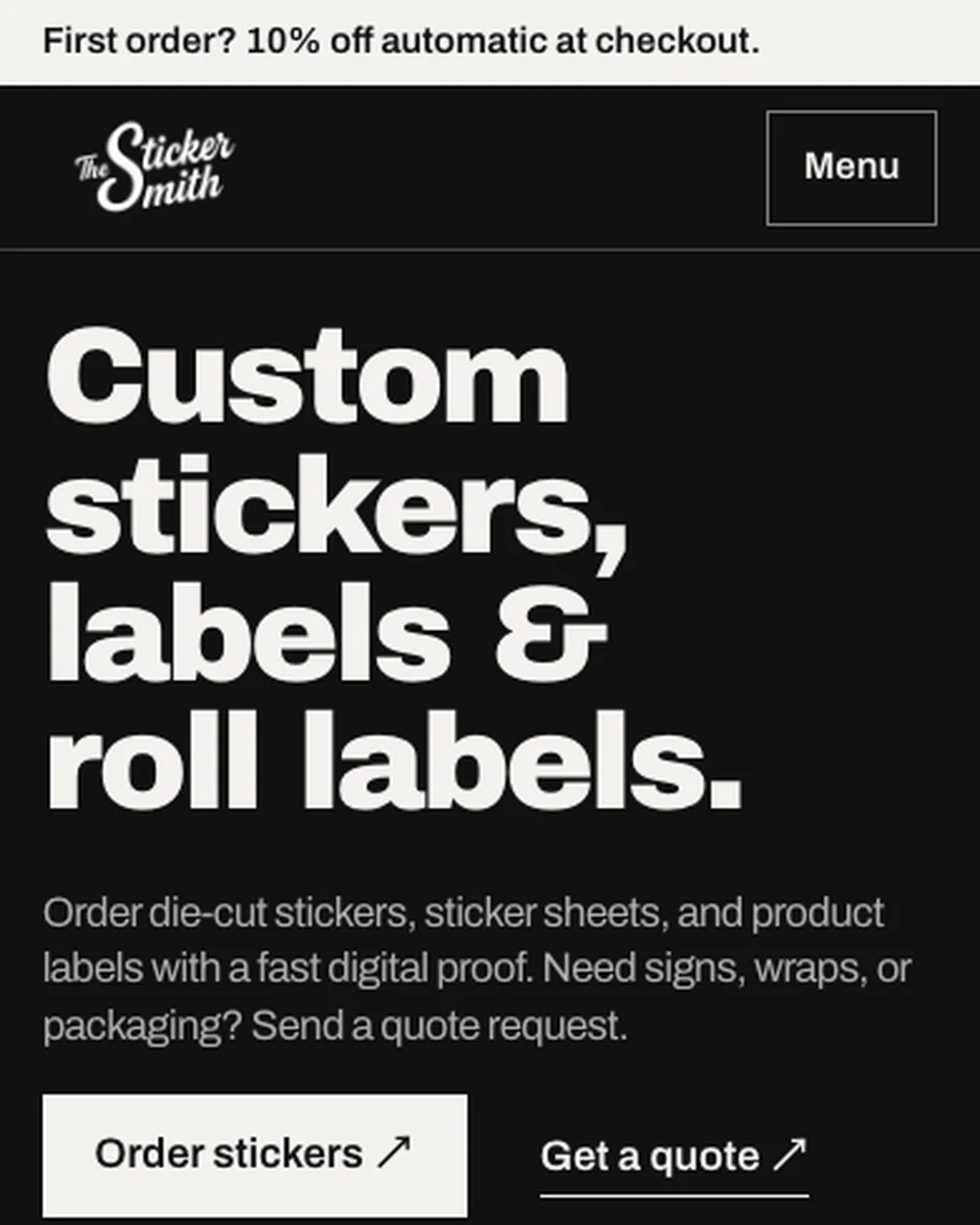 Phone view of tssprint.com, The Sticker Smith’s store: custom stickers, labels and roll labels, with Order stickers and Get a quote